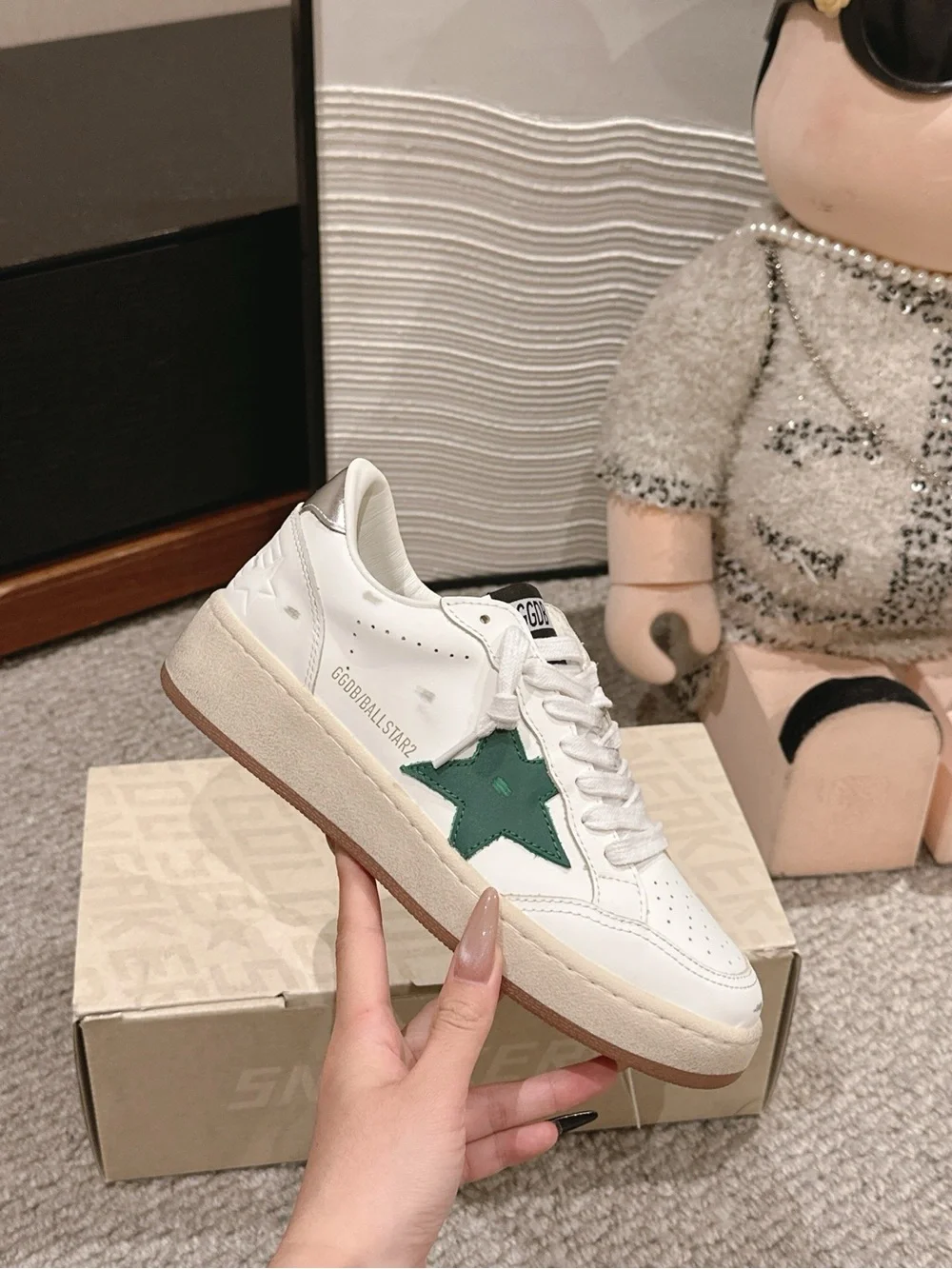 Golden Goose White Low-Top Sneakers with Green Star